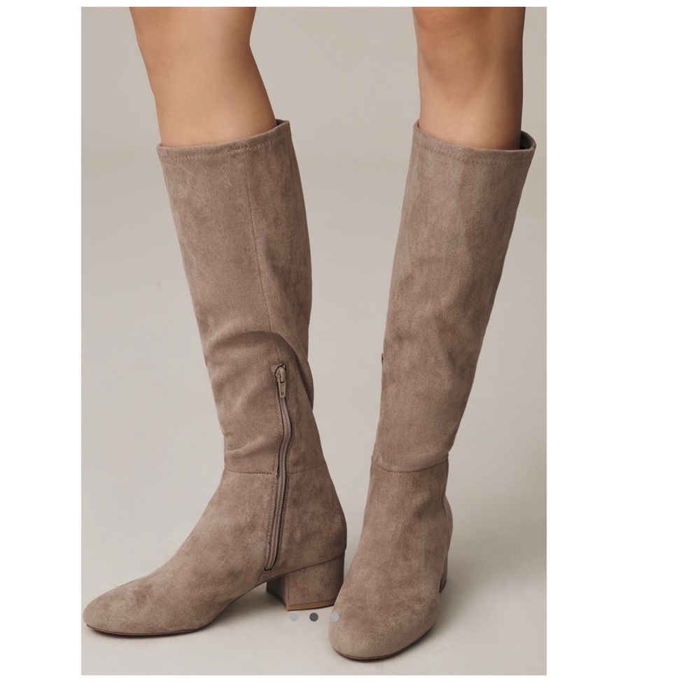 Anthropologie Taupe Suede Tall Block Heel Boots - Picture 2 of 3